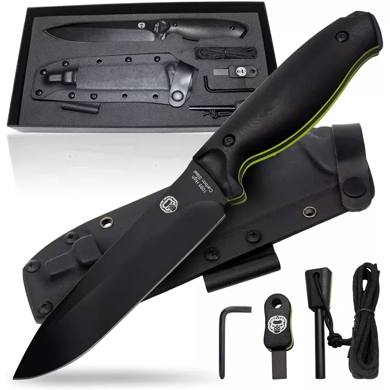 “The Fireline” Bushcraft Survival Knife with 1095 High Carbon Blade Giftset (Black and Green)